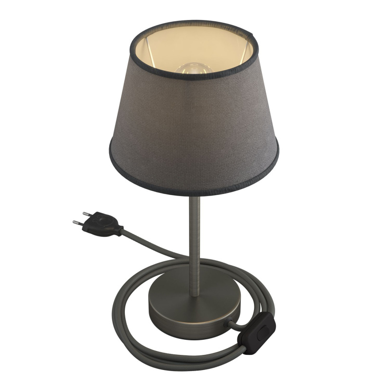 creative cables Alzaluce se stínidlem Impero, kovová stolní lampa se zástrčkou, kabelem a vypínačem Velikost: 20 cm, Barva: Matný chrom-šedá juta