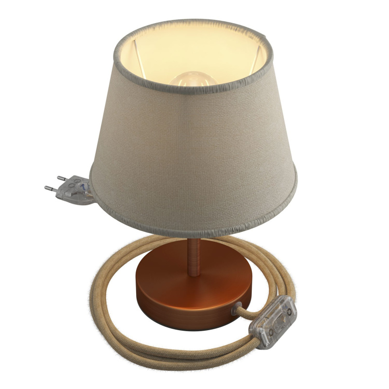 creative cables Alzaluce se stínidlem Impero, kovová stolní lampa se zástrčkou, kabelem a vypínačem Velikost: 10 cm, Barva: Matná měď-světlá juta