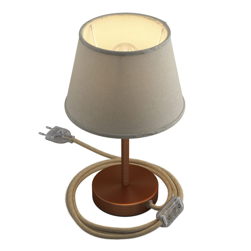 creative cables Alzaluce se stínidlem Impero, kovová stolní lampa se zástrčkou, kabelem a vypínačem Velikost: 15 cm, Barva: Matná měď-světlá juta