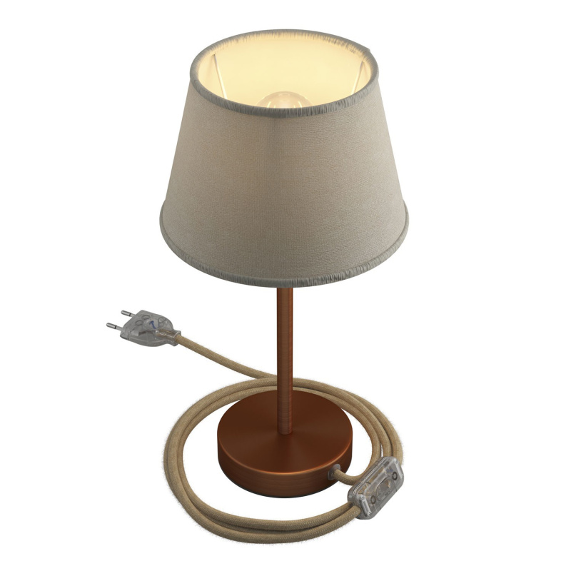creative cables Alzaluce se stínidlem Impero, kovová stolní lampa se zástrčkou, kabelem a vypínačem Velikost: 20 cm, Barva: Matná měď-světlá juta