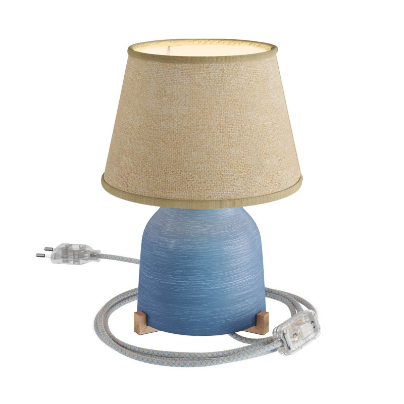 creative cables Keramická stolní lampa vaso se stínidlem Impero, s textilním kabelem, vypínačem a dvoupólovou zástrčkou Barva: Modrá strukturovaná-světlá juta