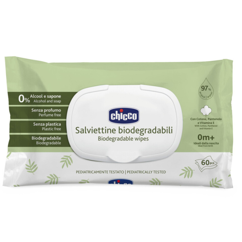 Chicco Biodegradable Baby Wipes dětské jemné vlhčené ubrousky 60 ks