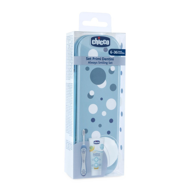 Chicco Always Smiling Set 6m+ sada zubní péče s pouzdrem Light Blue 1 ks