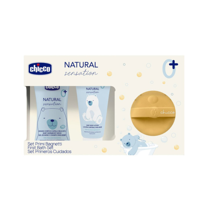 Chicco dárková sada kosmetiky Natural Sensation se silikonovou mycí houbičkou
