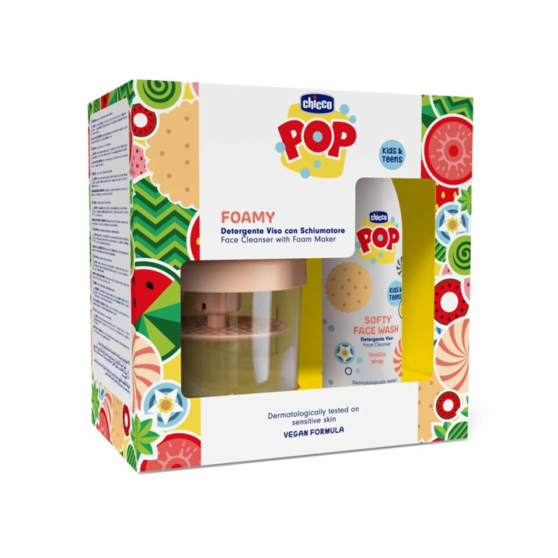 Chicco pop softy jemný čisticí gel na obličej vanilla wrap 150 ml s pěnovací nádobkou
