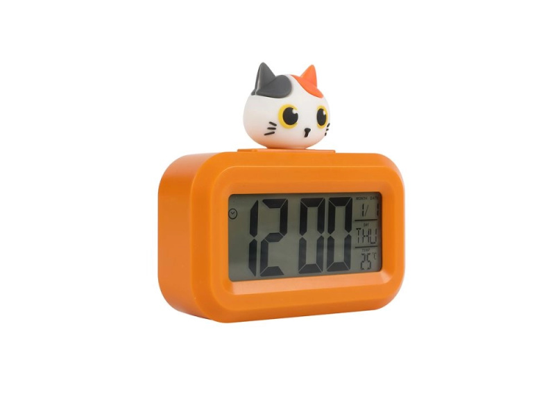 Oranžový budík s kočičkou
