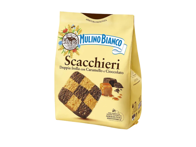 Mulino Bianco sušenky s karamelem a čokoládou (Biscotti frollini con caramello e cioccolato) 300g