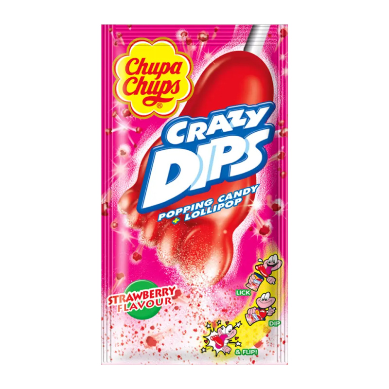 Chupa Chups Crazy Dips Drops s jahodovou příchutí s praskajicím práškem 14g