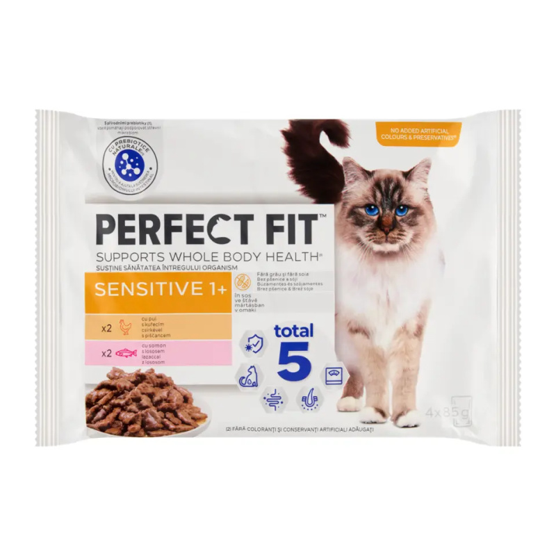 Perfect Fit Kapsičky s kuřecím a lososem pro kočky s citlivým zažíváním 4x85g 340 g