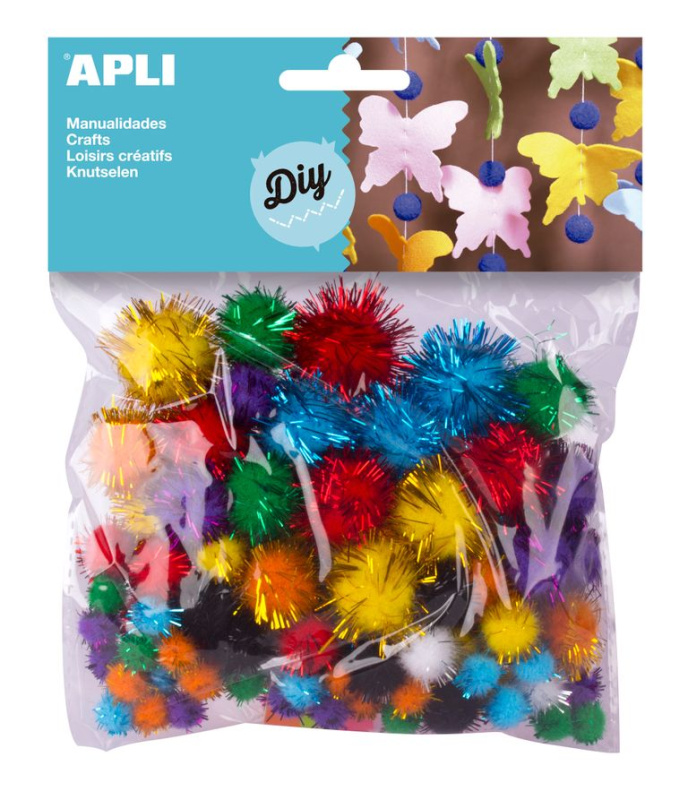 APLI Dekorativní Pom-pom kuličky se třpytkami 78 ks, barevný mix