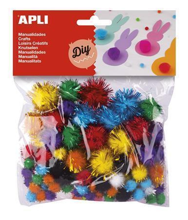 APLI Dekorativní Pom-pom kuličky se třpytkami 78 ks, barevný mix