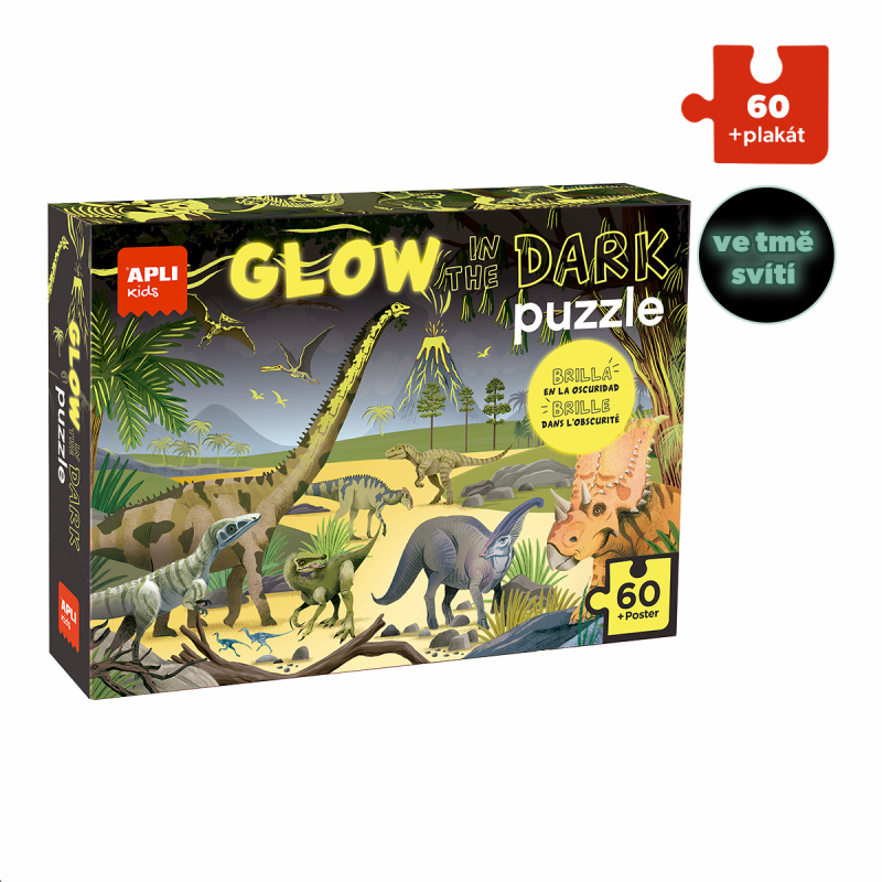Puzzle svítící ve tmě Apli - Dinosauři, 60 ks, 4+