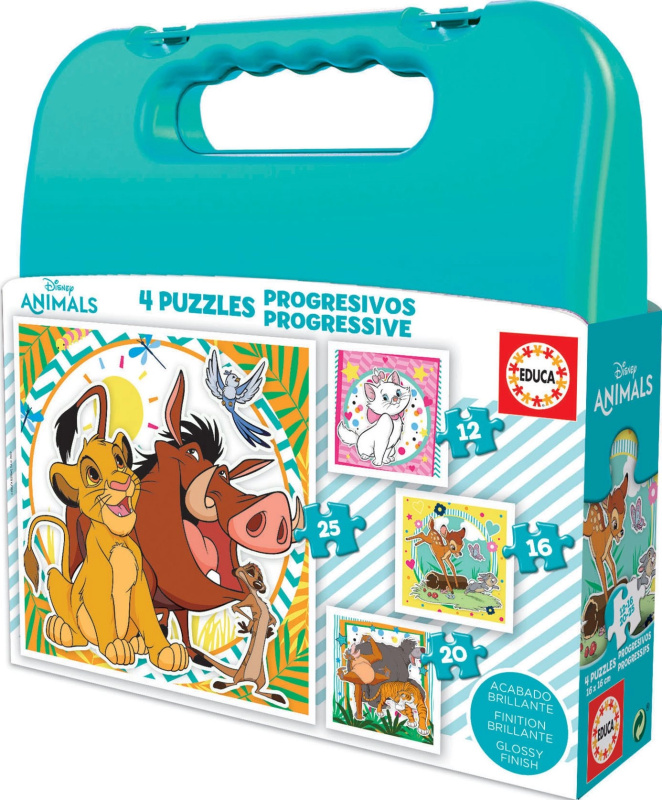 EDUCA Puzzle v kufříku Disney zvířátka 4v1 (12,16,20,25 dílků)
