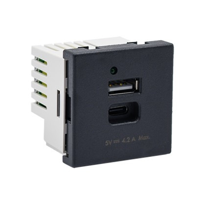 Modul SIMON K126G/14, K45, nabíječka USB 2.0, typ A (2,1A/5V)+typ C (3A/5V), 45x45 mm, grafitová