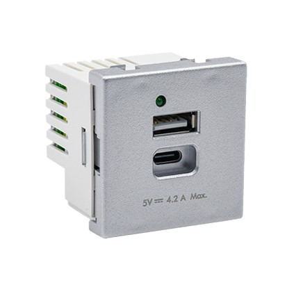 Modul SIMON K126G/8, K45, nabíječka USB 2.0, typ A (2, 1 A/5 V)+typ C (3A/5V), 45x45 mm, hliníková
