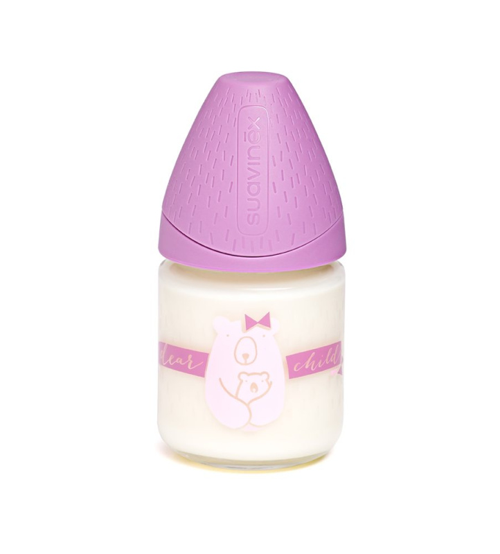 Suavinex MFL Láhev SKLO 120 ml an. savička S - FIALOVÝ MÉĎA