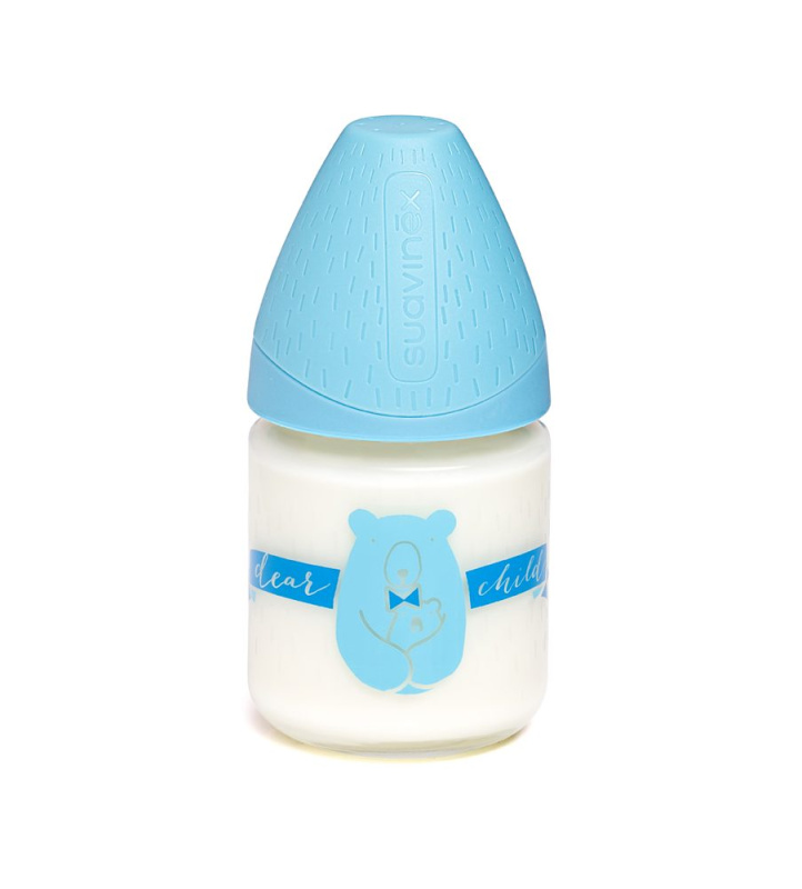 Suavinex MFL Láhev SKLO 120 ml an. savička S - MODRÝ MÉĎA