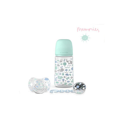 SUAVINEX SADA 270ml + DUDLÍK FYZIOLOGICKÝ 0/6M + KLIP MEMORIES - MODRÝ