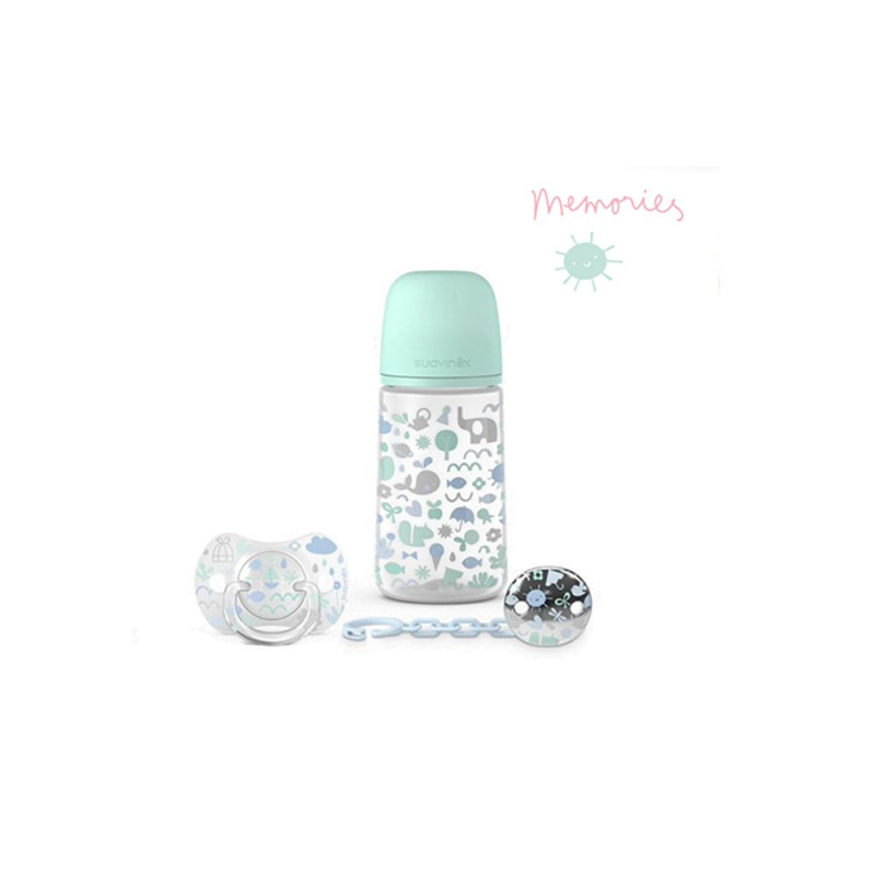 SUAVINEX SADA 270ml + DUDLÍK FYZIOLOGICKÝ 0/6M + KLIP MEMORIES - MODRÝ