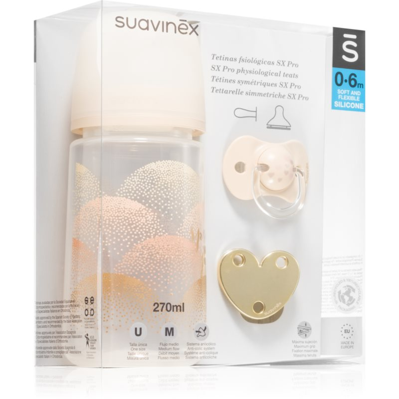 SUAVINEX SADA 270ml + DUDLÍK FYZIOLOGICKÝ 0/6M + KLIP JOY KRÉMOVÁ