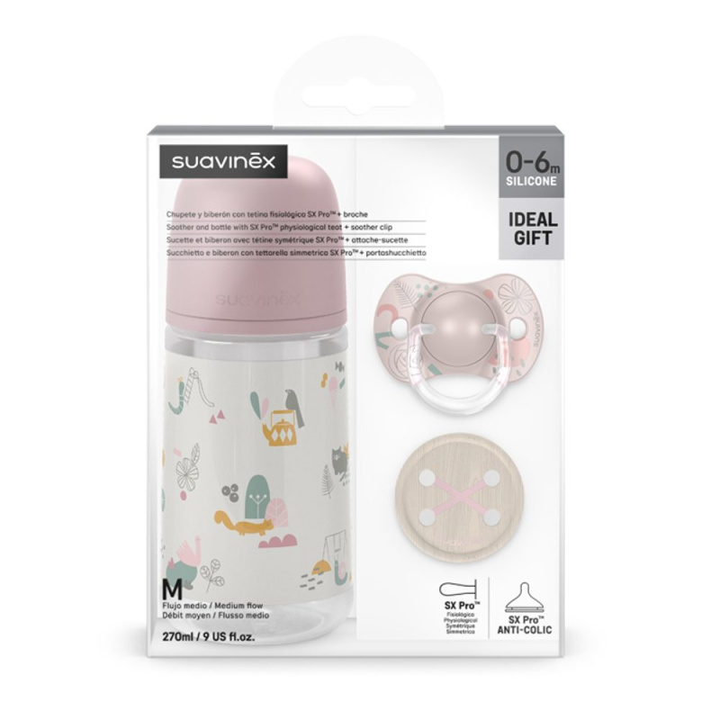 Suavinex Sada láhev 270ml + dudlík fyziologický 0/6m + klip WALK - RŮŽOVÁ