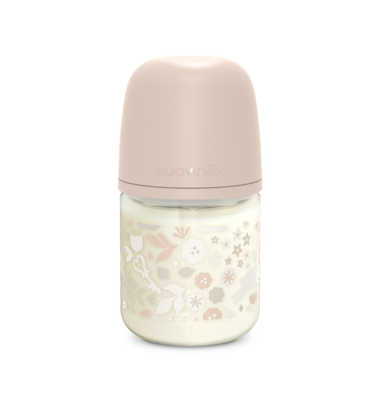 Suavinex Wonderland SX Pro Physiological Anti-Colic Glass skleněná kojenecká láhev S Slow Flow 0 m+ Liberty Pink 120 ml