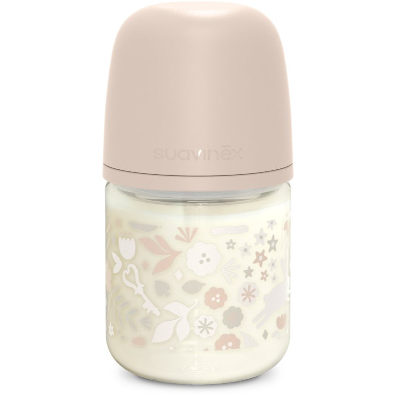 Suavinex Wonderland SX Pro Physiological Anti-Colic Glass skleněná kojenecká láhev S Slow Flow 0 m+ Liberty Pink 120 ml
