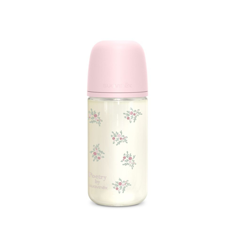 Suavinex Poetry SX Pro Physiological Glass M skleněná kojenecká láhev 3 m+ Medium Flow - Pink 240 ml