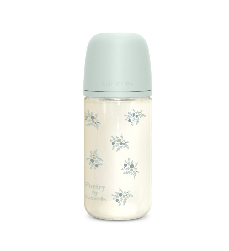 Suavinex Poetry SX Pro Physiological Glass M skleněná kojenecká láhev 3 m+ Medium Flow - Blue 240 ml