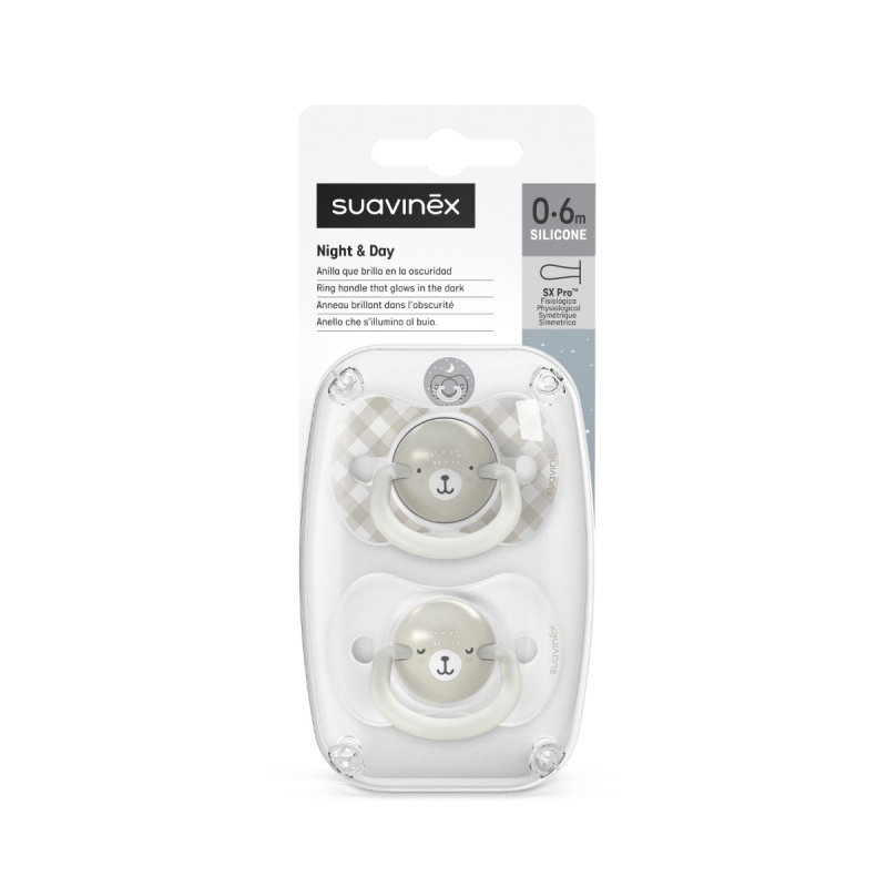 Suavinex Šidítko DEN&NOC fyziologické silikon WILD & FREE 0-6 m - 2 ks - šedé