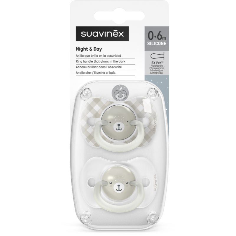Suavinex Šidítko DEN&NOC fyziologické silikon WILD & FREE 0-6 m - 2 ks - šedé