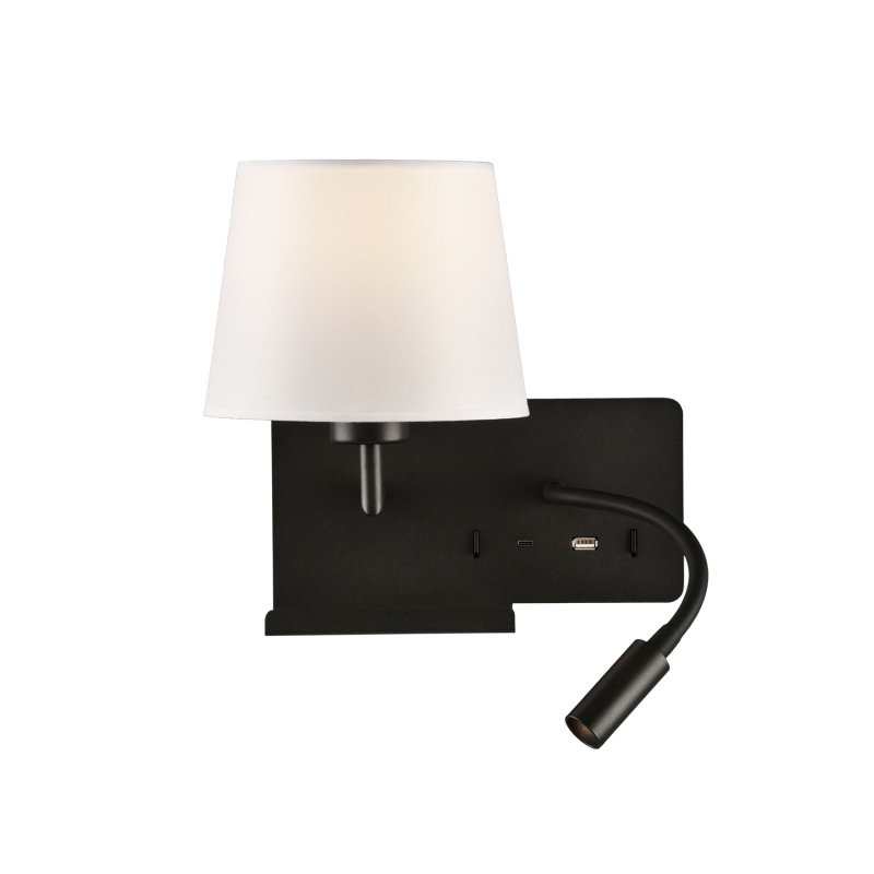 ACB Iluminacion Nástěnné LED svítidlo HOLD levé, 3W + 1xE27 15W, CRI90, 2x vstup USB/USBC Barva: Černá, Barva montury: Bílá