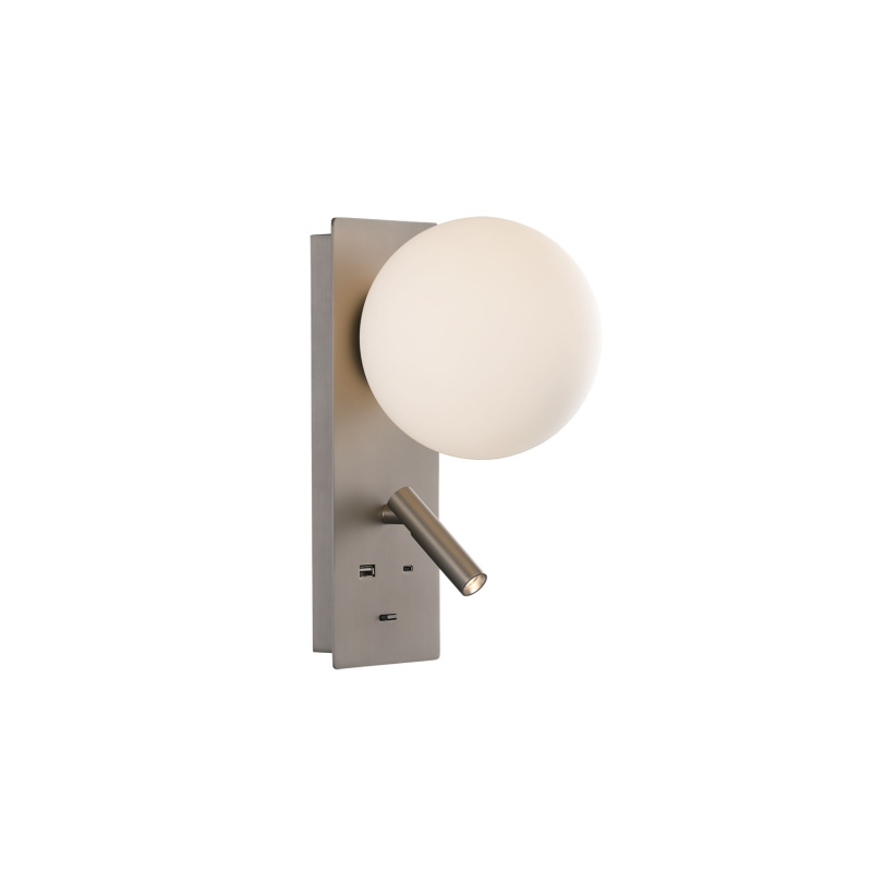 ACB Iluminacion Nástěnné LED svítidlo KIN, v. 28 cm, 8W + 3W, CRI90, 2x vstup USB/USBC Barva: Nikl