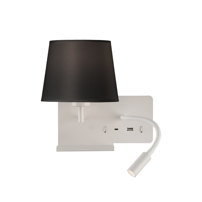 ACB Iluminacion Nástěnné LED svítidlo HOLD levé, 3W + 1xE27 15W, CRI90, 2x vstup USB/USBC Barva: Bílá, Barva montury: Černá
