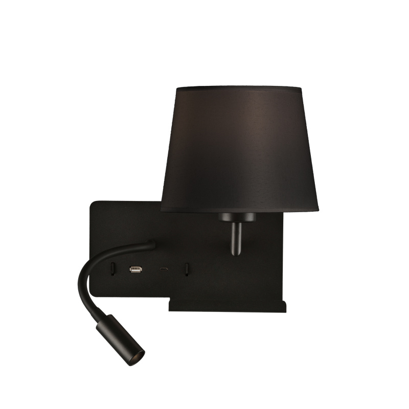 ACB Iluminacion Nástěnné LED svítidlo HOLD pravé, 3W + 1xE27 15W, CRI90, 2x vstup USB/USBC Barva: Černá, Barva montury: Černá