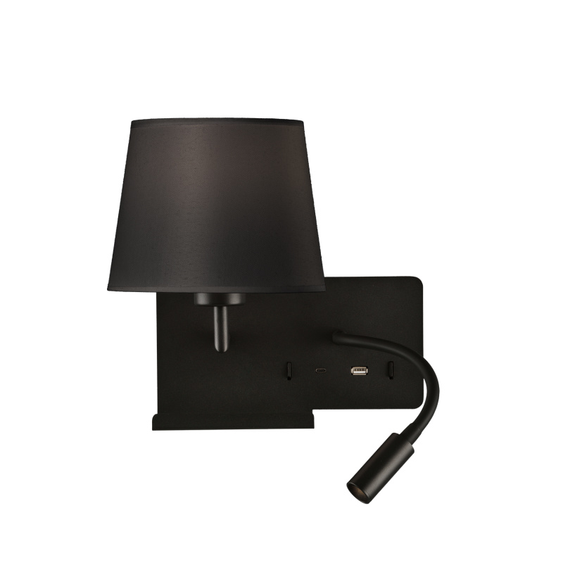 ACB Iluminacion Nástěnné LED svítidlo HOLD levé, 3W + 1xE27 15W, CRI90, 2x vstup USB/USBC Barva: Černá, Barva montury: Černá