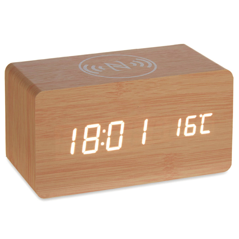 Giftdecor Stolní hodiny s bezdrátovou nabíječkou mobilu, hnědé hnědá