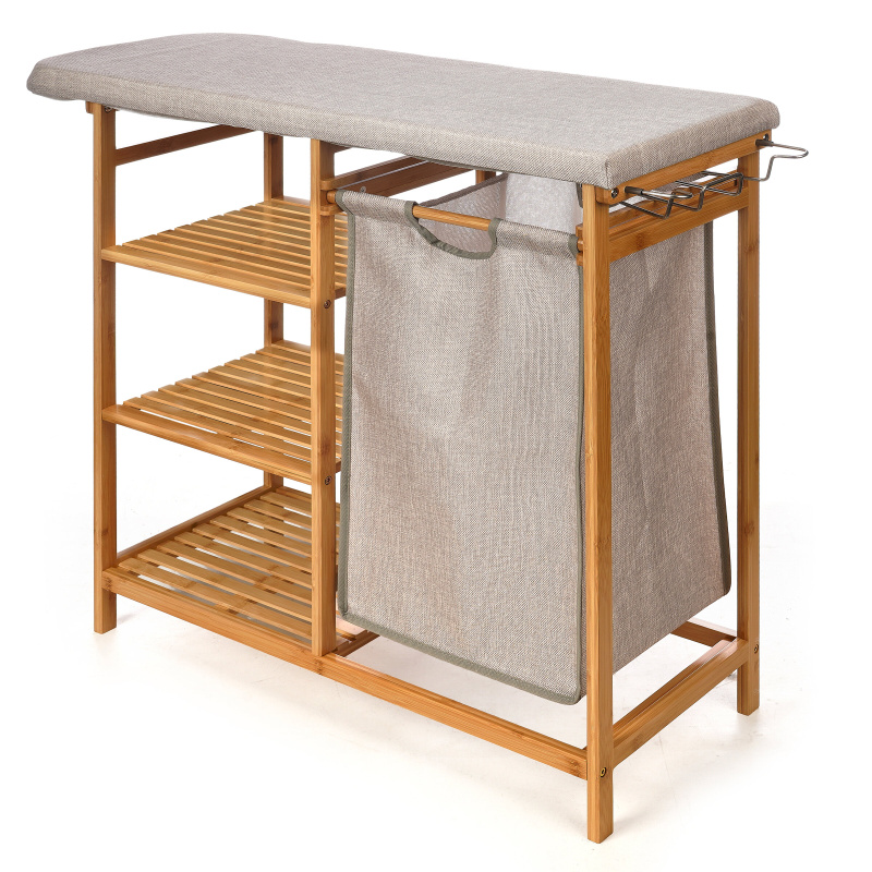 Kipit Bambusová skříňka s žehlicím prknem a košem na prádlo BAMY, 111 x 34 x 82 cm, šedá šedá