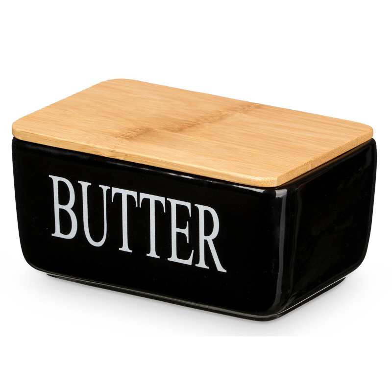 Kinvara Keramická máslenka s nápisem BUTTER, 10 x 16,5 x 8,5 cm, černá černá