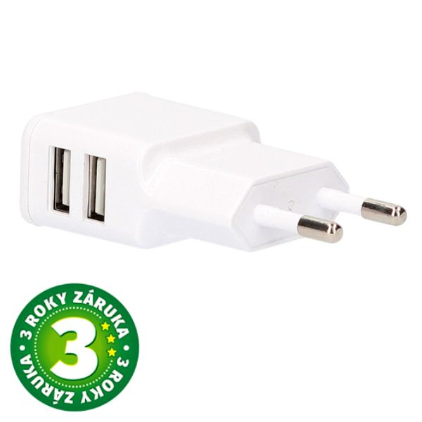 USB nabíjecí adaptér do sítě 5V/2A, 2xUSB A, bílý, 3 roky