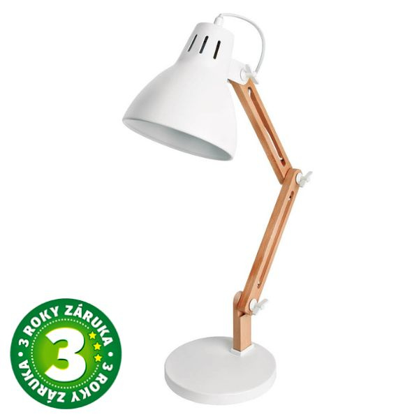 Kloubová stolní lampa Hamu, na 1 žárovku E27 max 11W, dřevo a bílý kov
