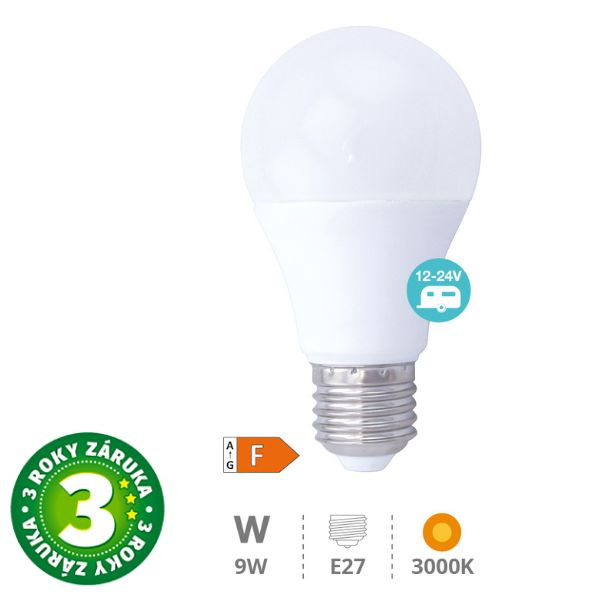 Prémiová LED žárovka E27 9W 924lm 12V-24V AC/DC, teplá, ekvivalent 67W, 3 roky