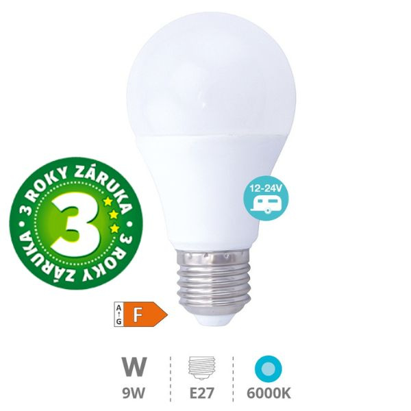 Prémiová LED žárovka E27 9W 924lm 12V-24V AC/DC, studená, ekvivalent 67W, 3 roky