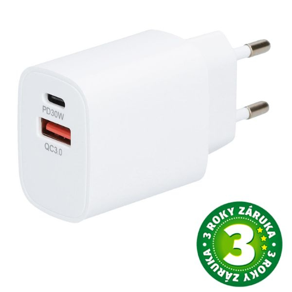 USB nabíjecí adaptér do sítě 5V/3A, 1xUSB A, 1xUSB C, rychlonabíjení, bílý, 3 roky