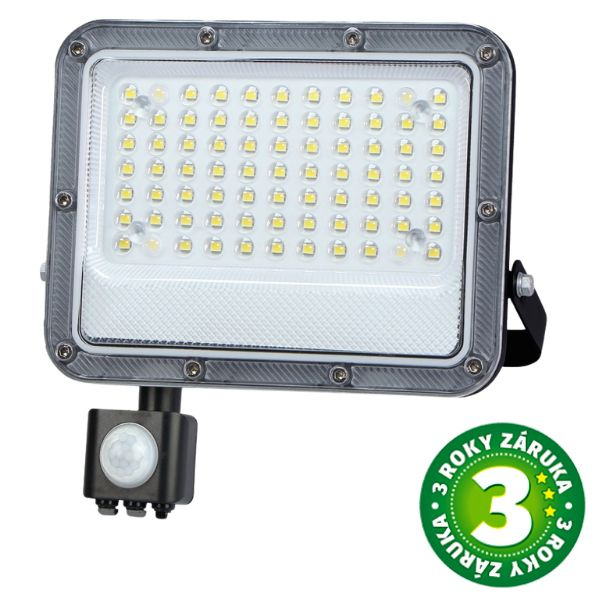 Prémiový ultratenký LED reflektor s čidlem pohybu šedý 50W 4800lm, studená, 3 roky záruka