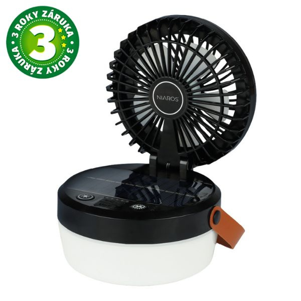 Malý solární ventilátor se světlem, nabíjecí, USB, 10W, 3 rychlosti, 700lm, 3 roky záruka
