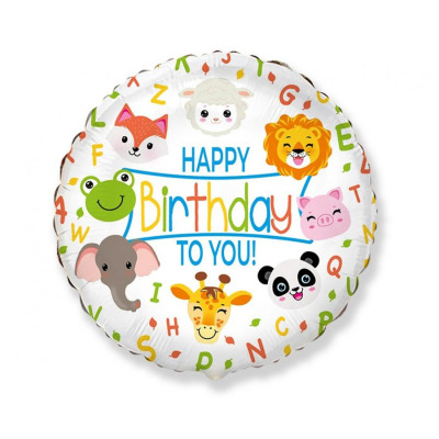 Balónek fóliový "Happy Birthday" Zvířátka, 45 cm