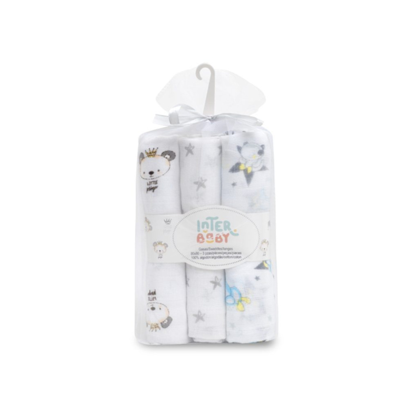 Interbaby Plenka ZVÍŘÁTKA 3ks 80x80cm - bílo/šedá