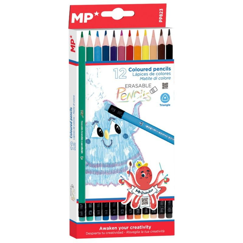 Pastelky trojhranné s gumou (12ks) vymazatelné