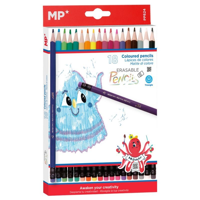 Pastelky trojhranné s gumou (18ks) vymazatelné